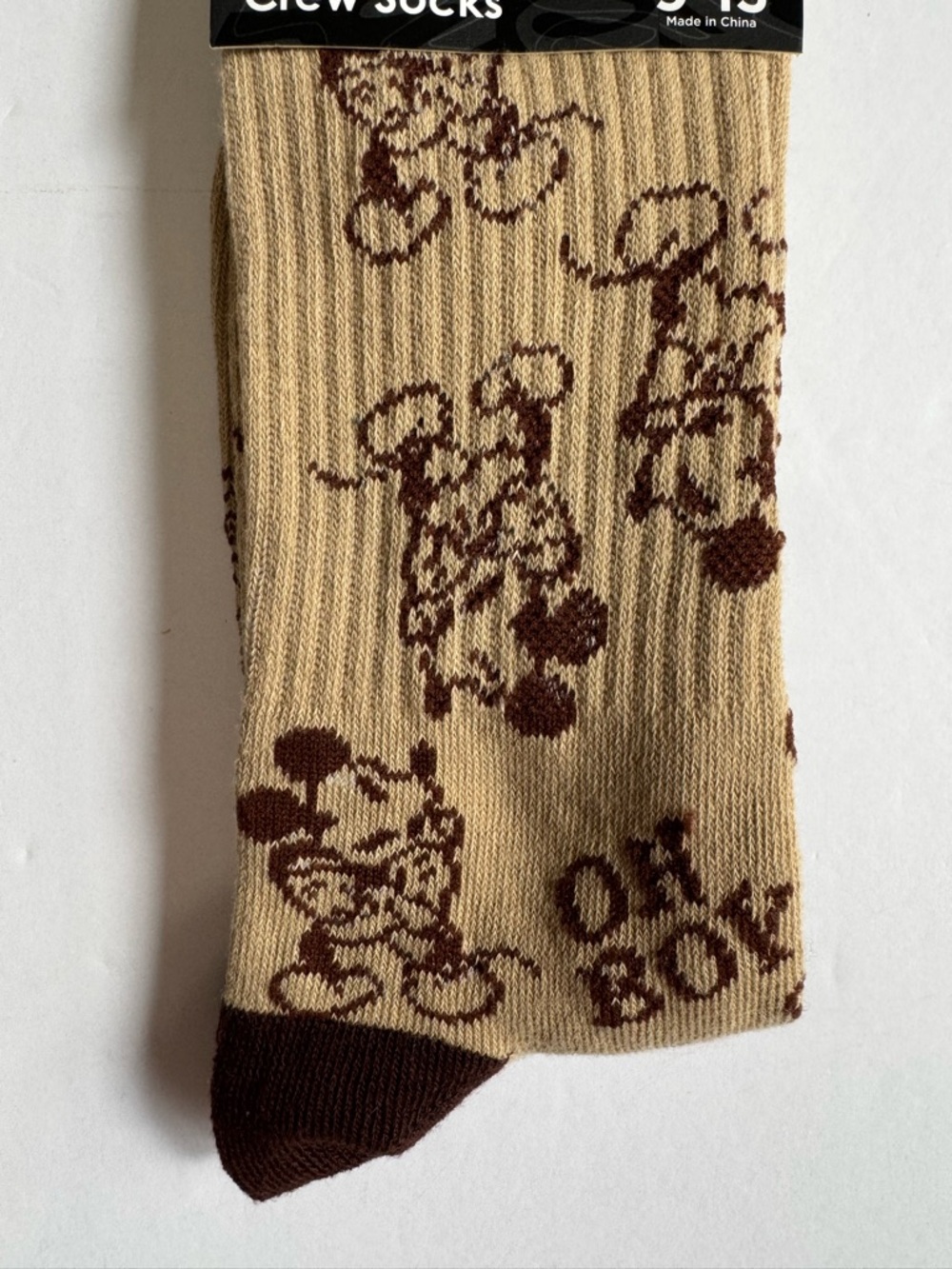 Disney Mickey Mouse Tan Brown Oh Boy Novelty Crew Socks 9-13 NWT - Picture 2 of 8